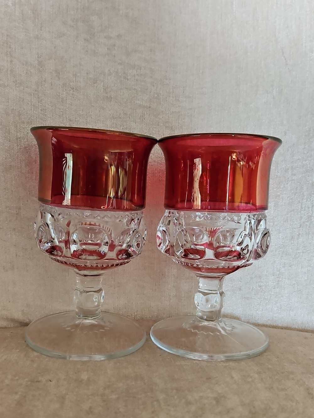 Tiffins King Crown Red Ruby Overlay Goblet Pair -